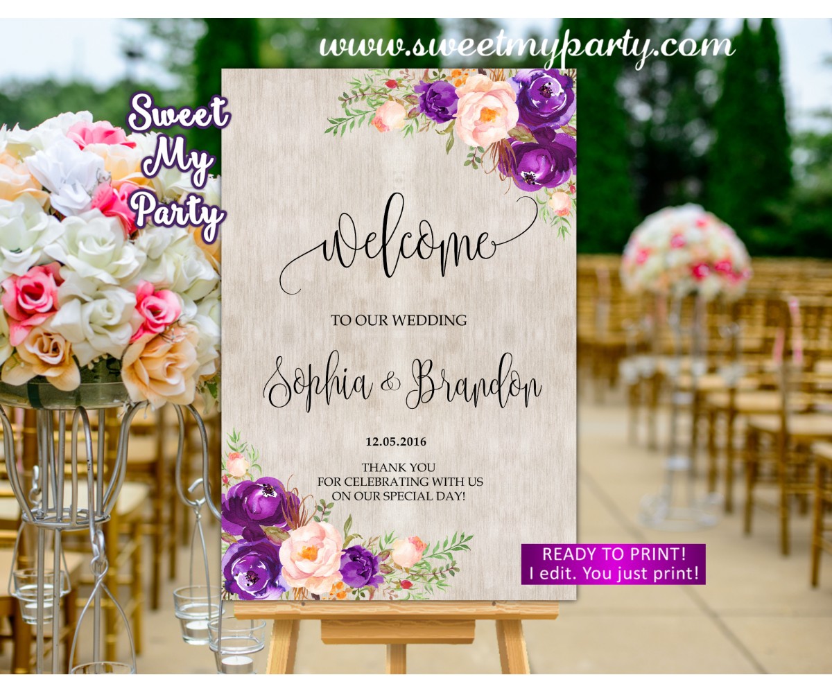 Purple Welcome Sign,Violet Wedding Welcome sign,(64w)